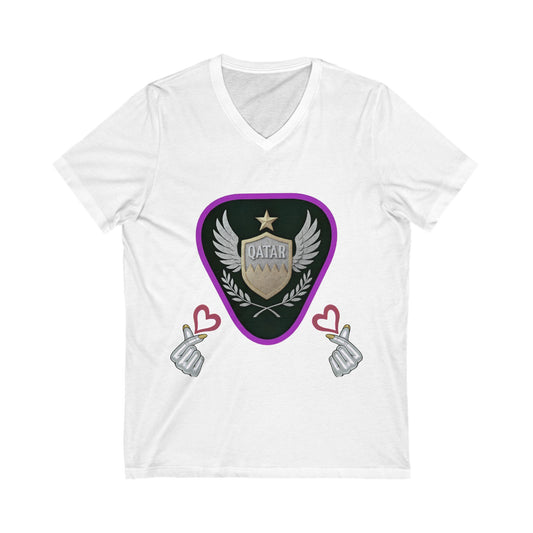 Stylish Qatar Shield V-Neck Tee, Casual T-Shirt for Wanderlust, Travel Shirt, Gift for Soccer Fans, Unisex Vacation Top