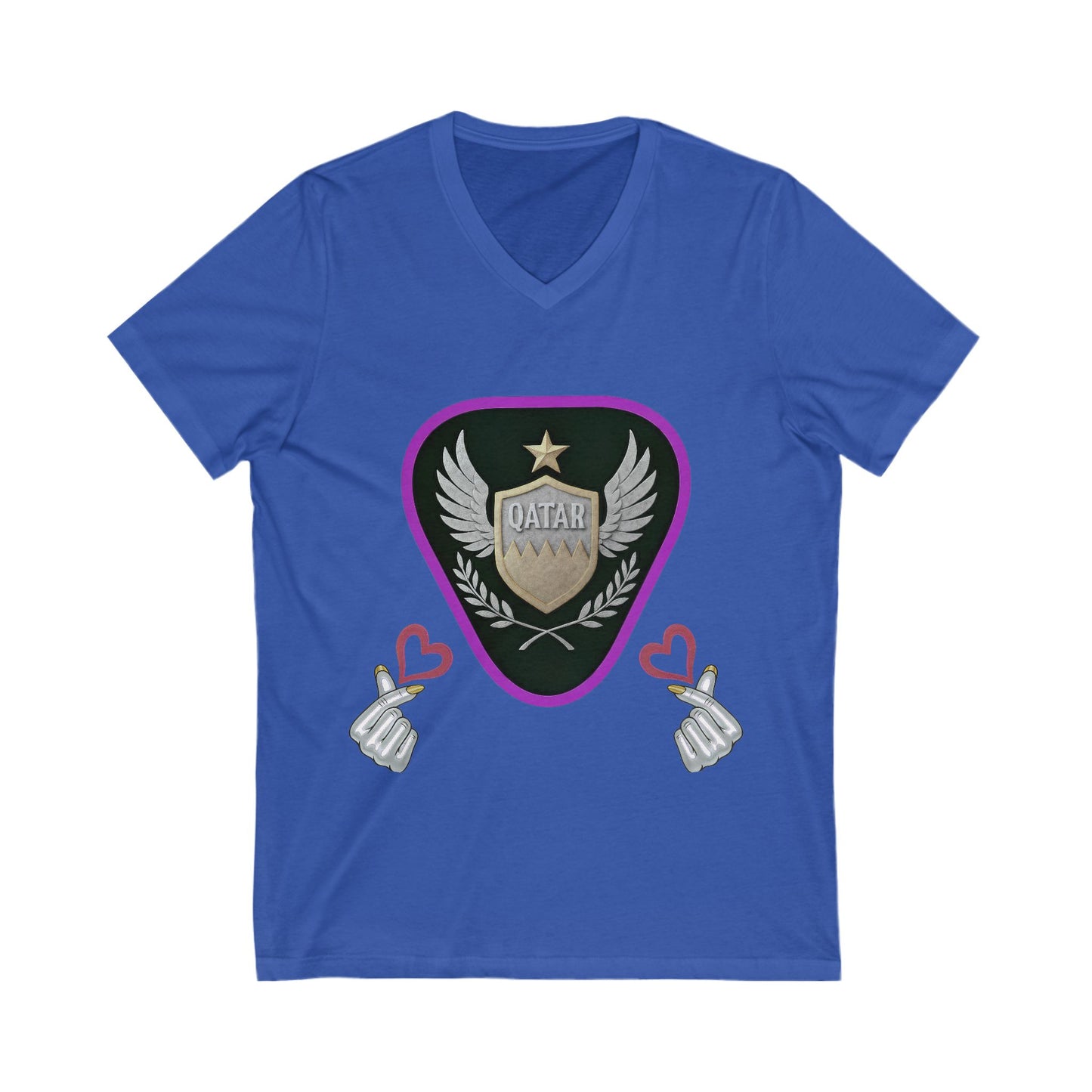 Stylish Qatar Shield V-Neck Tee, Casual T-Shirt for Wanderlust, Travel Shirt, Gift for Soccer Fans, Unisex Vacation Top