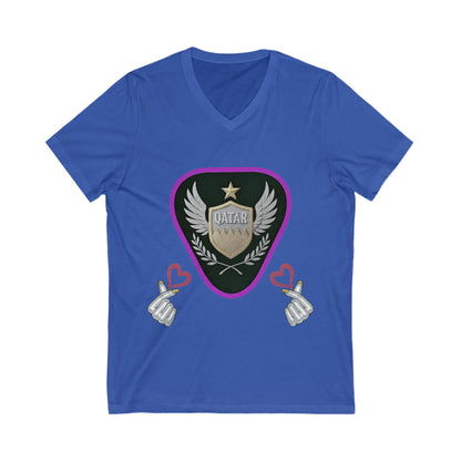 Stylish Qatar Shield V-Neck Tee, Casual T-Shirt for Wanderlust, Travel Shirt, Gift for Soccer Fans, Unisex Vacation Top