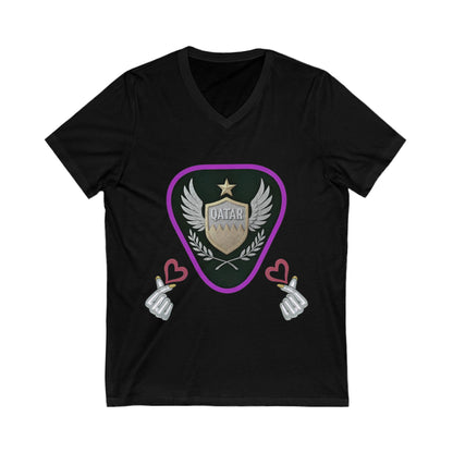 Stylish Qatar Shield V-Neck Tee, Casual T-Shirt for Wanderlust, Travel Shirt, Gift for Soccer Fans, Unisex Vacation Top