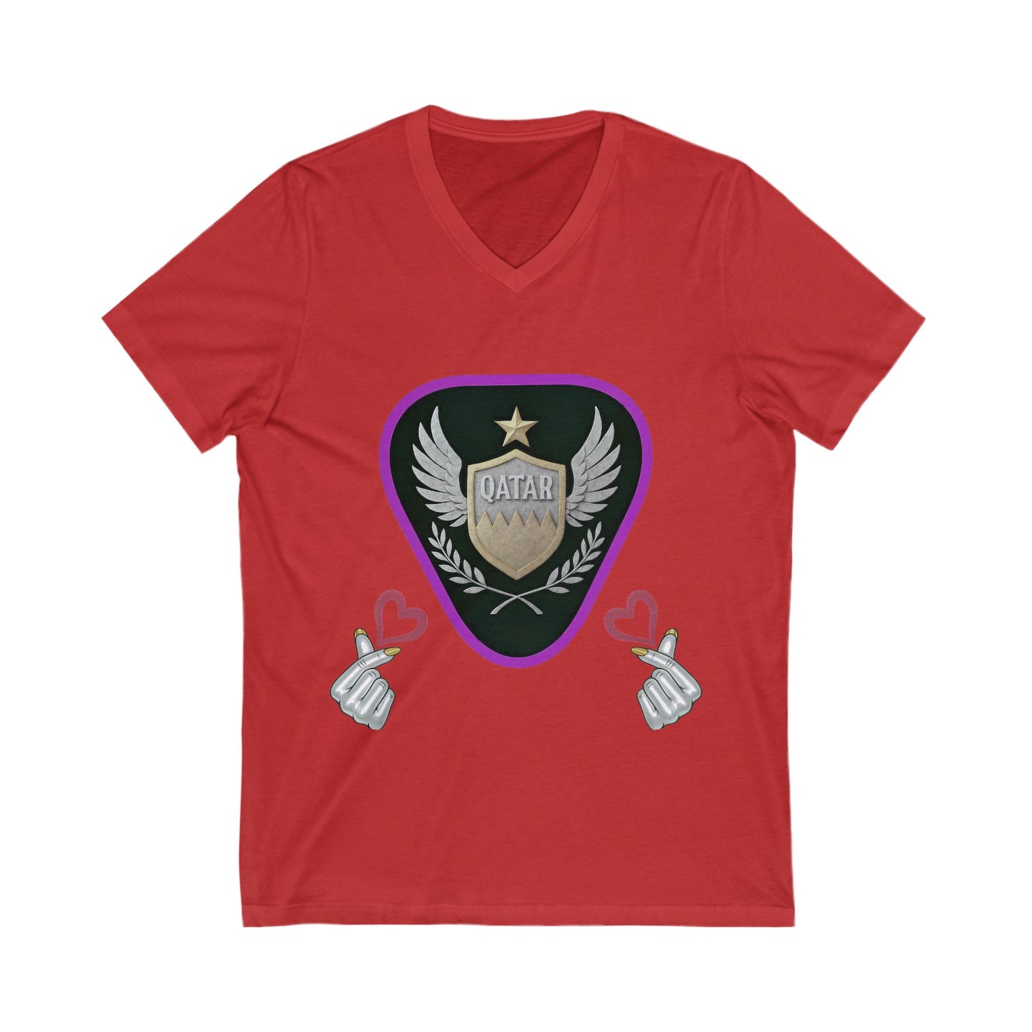 Stylish Qatar Shield V-Neck Tee, Casual T-Shirt for Wanderlust, Travel Shirt, Gift for Soccer Fans, Unisex Vacation Top