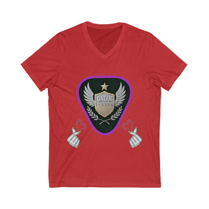 Stylish Qatar Shield V-Neck Tee, Casual T-Shirt for Wanderlust, Travel Shirt, Gift for Soccer Fans, Unisex Vacation Top
