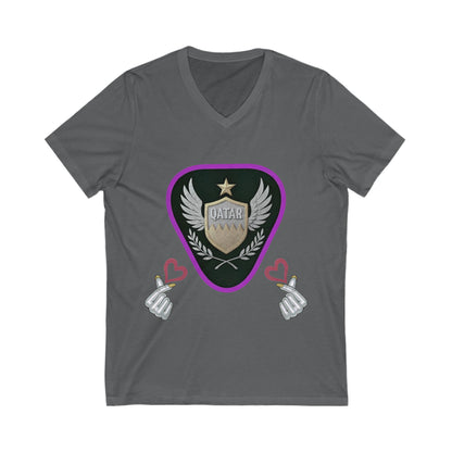 Stylish Qatar Shield V-Neck Tee, Casual T-Shirt for Wanderlust, Travel Shirt, Gift for Soccer Fans, Unisex Vacation Top