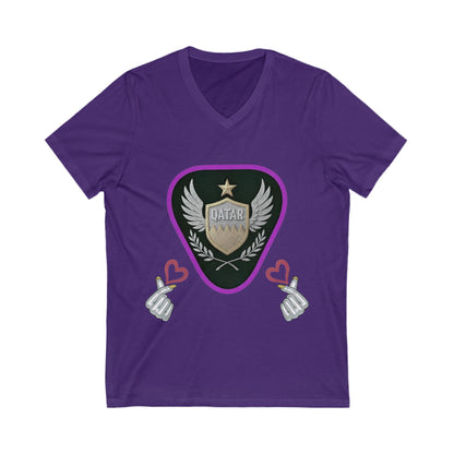 Stylish Qatar Shield V-Neck Tee, Casual T-Shirt for Wanderlust, Travel Shirt, Gift for Soccer Fans, Unisex Vacation Top