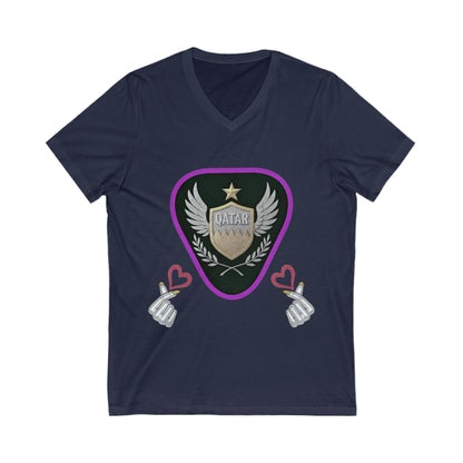 Stylish Qatar Shield V-Neck Tee, Casual T-Shirt for Wanderlust, Travel Shirt, Gift for Soccer Fans, Unisex Vacation Top