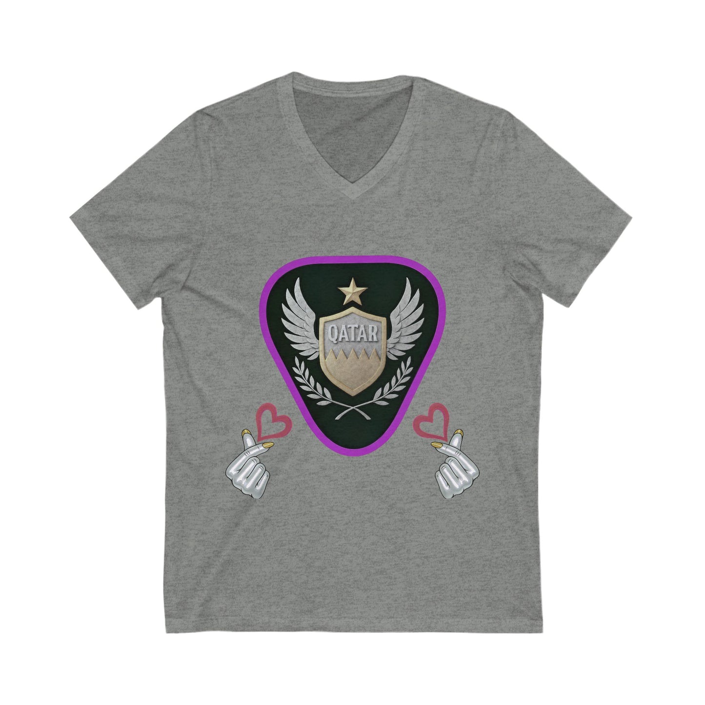 Stylish Qatar Shield V-Neck Tee, Casual T-Shirt for Wanderlust, Travel Shirt, Gift for Soccer Fans, Unisex Vacation Top