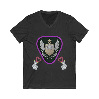 Stylish Qatar Shield V-Neck Tee, Casual T-Shirt for Wanderlust, Travel Shirt, Gift for Soccer Fans, Unisex Vacation Top
