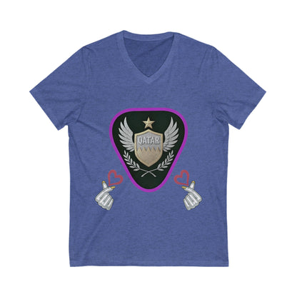 Stylish Qatar Shield V-Neck Tee, Casual T-Shirt for Wanderlust, Travel Shirt, Gift for Soccer Fans, Unisex Vacation Top